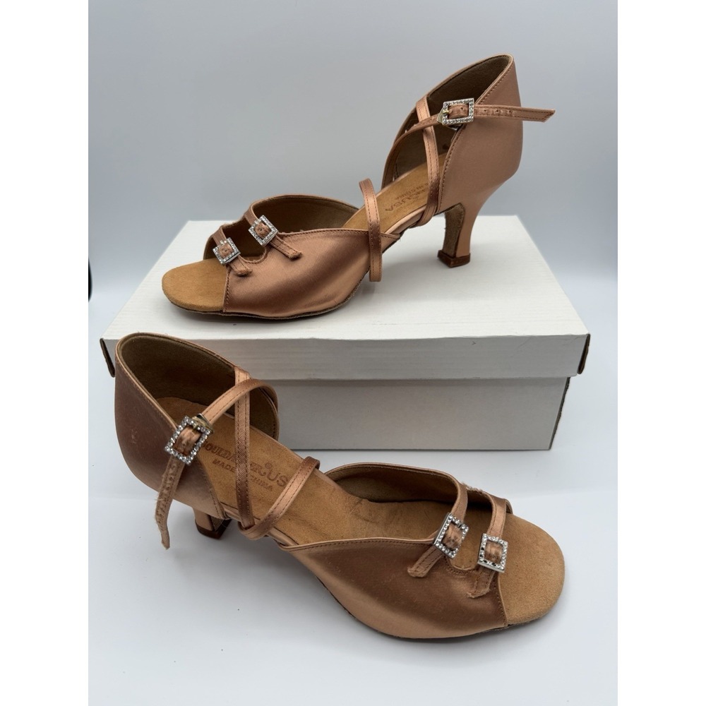 New Souldancer USA Women's Latin Rhythm Dance  Shoes US Sz 9 2.5" Heel Tan Satin